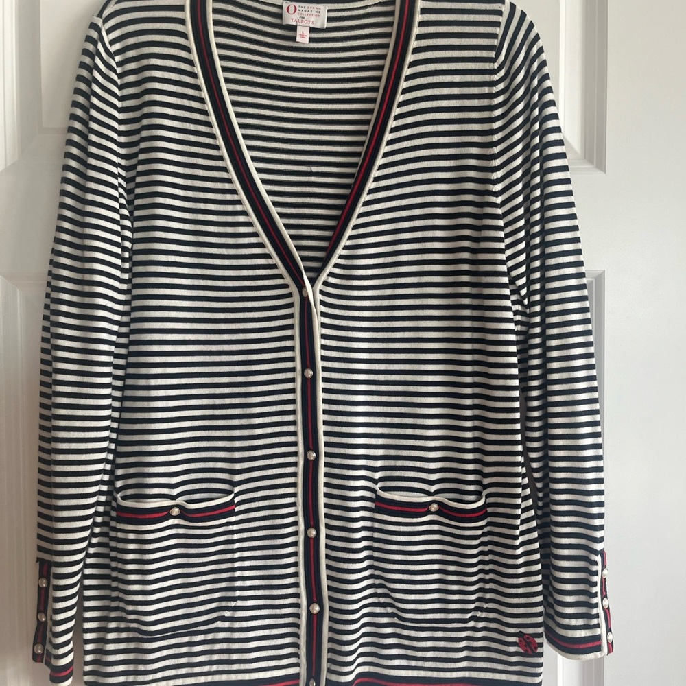 Talbots Black and White Striped Cardigan with Red Accents